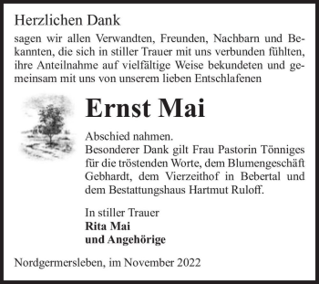 Traueranzeige von Ernst Mai  von Magdeburger Volksstimme