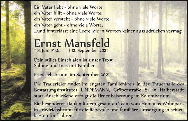  Traueranzeige für Ernst Mansfeld  vom 18.09.2021 aus Magdeburger Volksstimme
