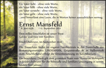Traueranzeige von Ernst Mansfeld  von Magdeburger Volksstimme