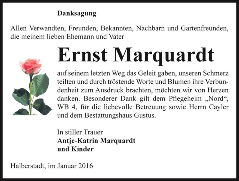  Traueranzeige für Ernst Marquardt  vom 09.01.2016 aus Magdeburger Volksstimme