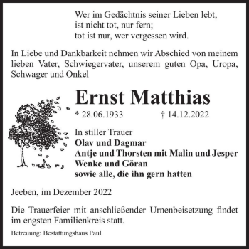 Traueranzeige von Ernst Matthias  von Magdeburger Volksstimme