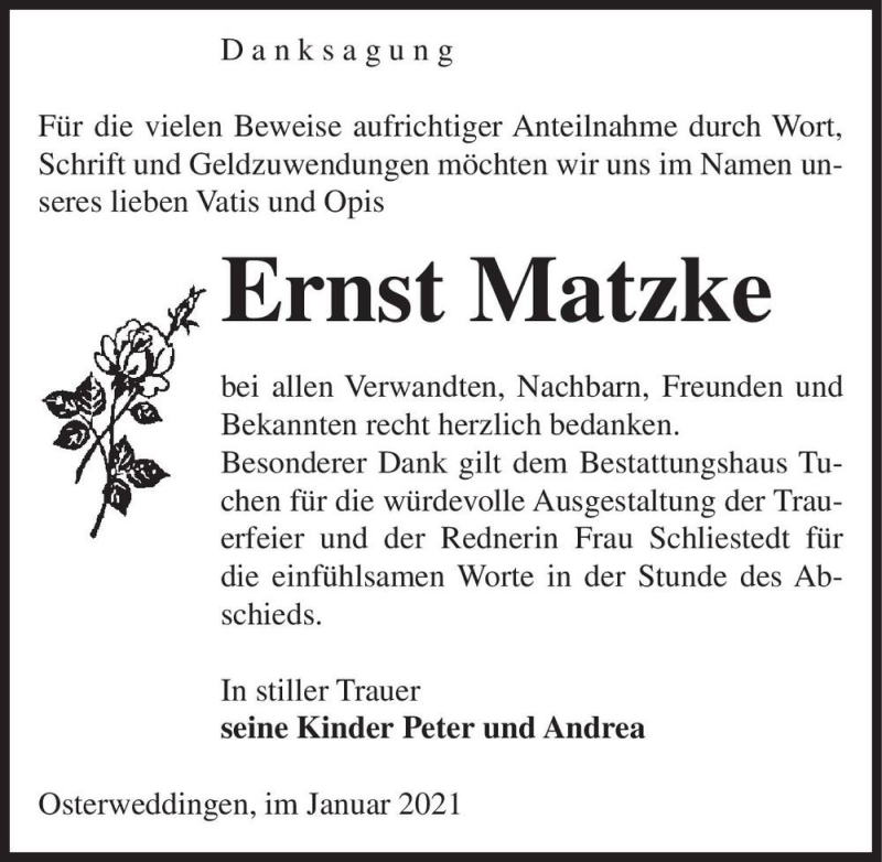  Traueranzeige für Ernst Matzke  vom 09.01.2021 aus Magdeburger Volksstimme