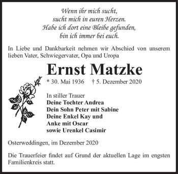 Traueranzeige von Ernst Matzke  von Magdeburger Volksstimme