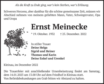 Traueranzeige von Ernst Meinecke  von Magdeburger Volksstimme