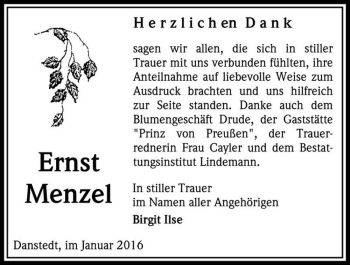 Traueranzeige von Ernst Menzel  von Magdeburger Volksstimme