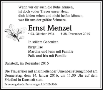 Traueranzeige von Ernst Menzel  von Magdeburger Volksstimme