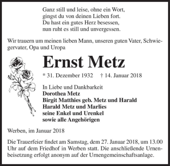Traueranzeige von Ernst Metz  von Magdeburger Volksstimme