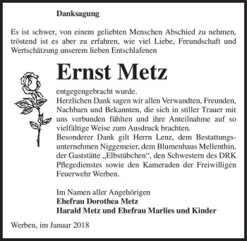 Traueranzeige von Ernst Metz  von Magdeburger Volksstimme