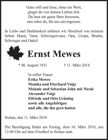 Traueranzeige von Ernst Mewes  von Magdeburger Volksstimme