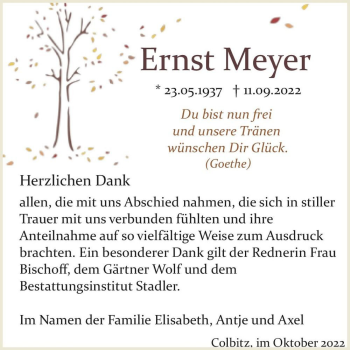 Traueranzeige von Ernst Meyer  von Magdeburger Volksstimme