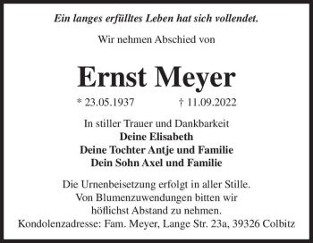 Traueranzeige von Ernst Meyer  von Magdeburger Volksstimme