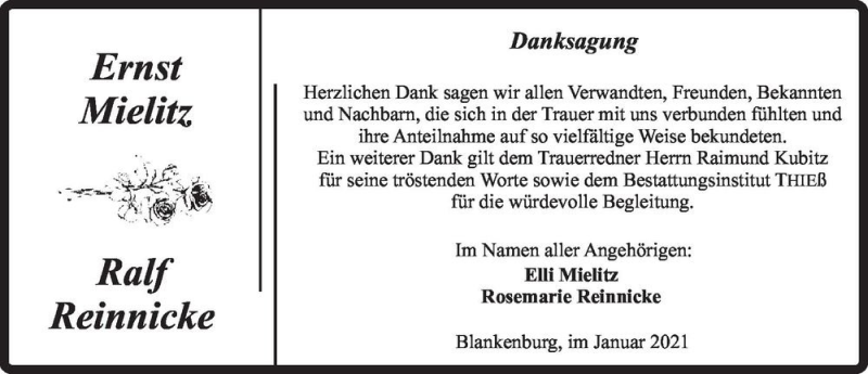  Traueranzeige für Ernst Mielitz und Ralf Reinnicke  vom 09.01.2021 aus Magdeburger Volksstimme