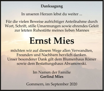 Traueranzeige von Ernst Mies  von Magdeburger Volksstimme