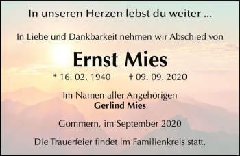 Traueranzeige von Ernst Mies  von Magdeburger Volksstimme