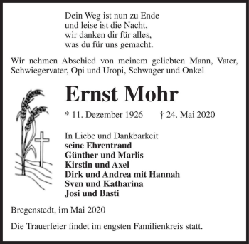 Traueranzeige von Ernst Mohr  von Magdeburger Volksstimme