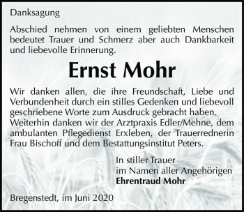 Traueranzeige von Ernst Mohr  von Magdeburger Volksstimme