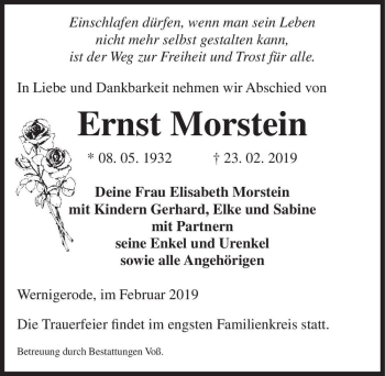 Traueranzeige von Ernst Morstein  von Magdeburger Volksstimme