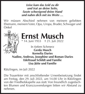 Traueranzeige von Ernst Musch  von Magdeburger Volksstimme