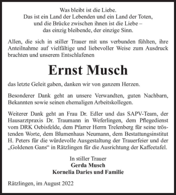 Traueranzeige von Ernst Musch  von Magdeburger Volksstimme