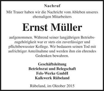 Traueranzeige von Ernst Müller  von Magdeburger Volksstimme