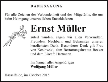 Traueranzeige von Ernst Müller  von Magdeburger Volksstimme