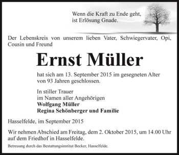 Traueranzeige von Ernst Müller  von Magdeburger Volksstimme