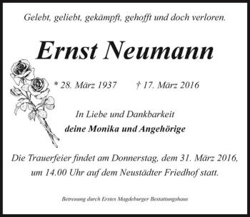 Traueranzeige von Ernst Neumann  von Magdeburger Volksstimme