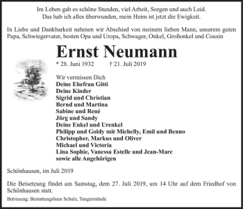 Traueranzeige von Ernst Neumann  von Magdeburger Volksstimme