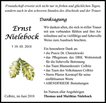 Traueranzeige von Ernst Nielebock  von Magdeburger Volksstimme