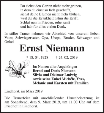 Traueranzeige von Ernst Niemann  von Magdeburger Volksstimme