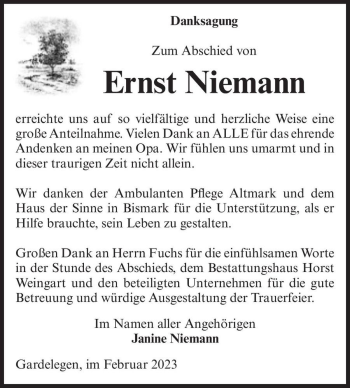 Traueranzeige von Ernst Niemann  von Magdeburger Volksstimme