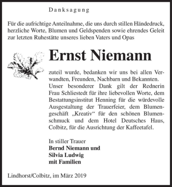 Traueranzeige von Ernst Niemann  von Magdeburger Volksstimme