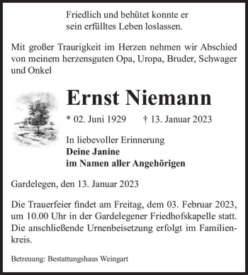 Traueranzeige von Ernst Niemann  von Magdeburger Volksstimme