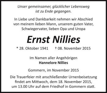 Traueranzeige von Ernst Nillies  von Magdeburger Volksstimme