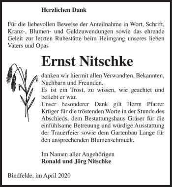 Traueranzeige von Ernst Nitschke  von Magdeburger Volksstimme