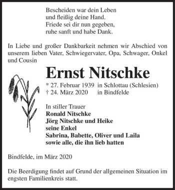 Traueranzeige von Ernst Nitschke  von Magdeburger Volksstimme