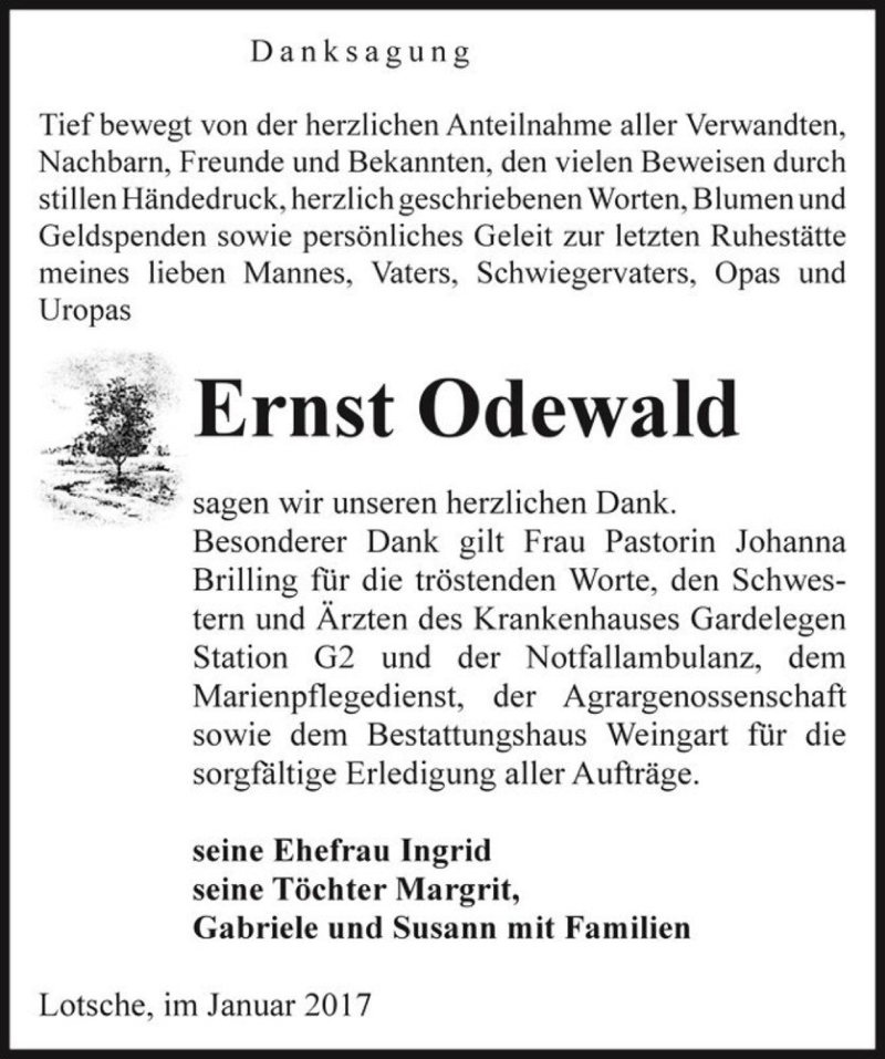  Traueranzeige für Ernst Odewald  vom 21.01.2017 aus Magdeburger Volksstimme