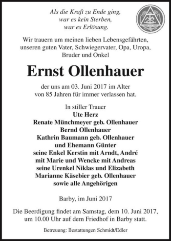 Traueranzeige von Ernst Ollenhauer  von Magdeburger Volksstimme