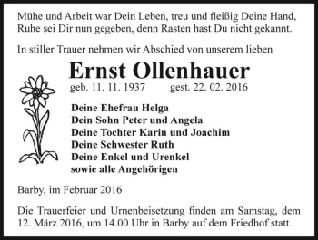 Traueranzeige von Ernst Ollenhauer  von Magdeburger Volksstimme