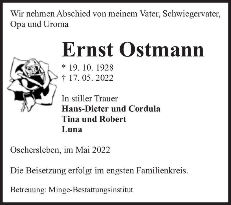  Traueranzeige für Ernst Ostmann  vom 28.05.2022 aus Magdeburger Volksstimme