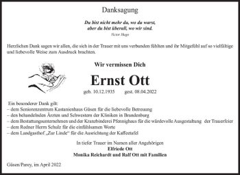 Traueranzeige von Ernst Ott  von Magdeburger Volksstimme