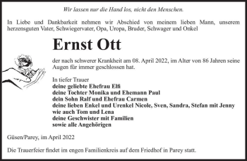 Traueranzeige von Ernst Ott  von Magdeburger Volksstimme