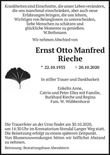 Traueranzeige von Ernst Otto Manfred Rieche  von Magdeburger Volksstimme