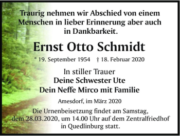 Traueranzeige von Ernst Otto Schmidt  von Magdeburger Volksstimme