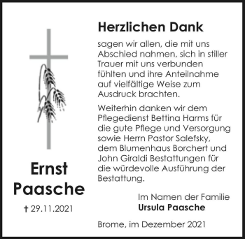Traueranzeige von Ernst Paasche  von Magdeburger Volksstimme