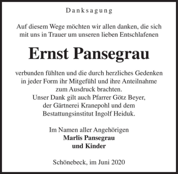 Traueranzeige von Ernst Pansegrau  von Magdeburger Volksstimme