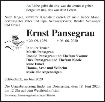 Traueranzeige von Ernst Pansegrau  von Magdeburger Volksstimme