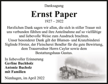 Traueranzeige von Ernst Paper  von Magdeburger Volksstimme