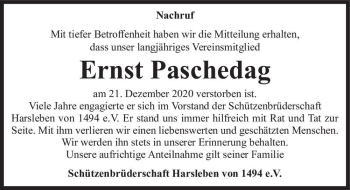 Traueranzeige von Ernst Paschedag  von Magdeburger Volksstimme