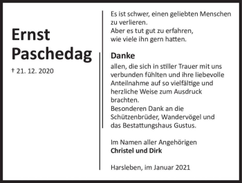Traueranzeige von Ernst Paschedag  von Magdeburger Volksstimme